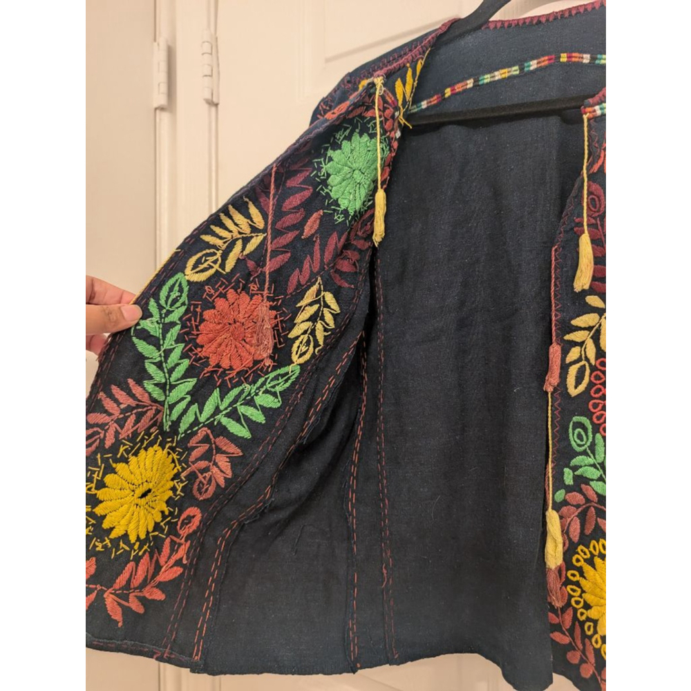 Vintage Indigo Boho Otomi Embroidered Floral Tassel Artisanal Ethnic Hippie Top - Picture 5 of 8